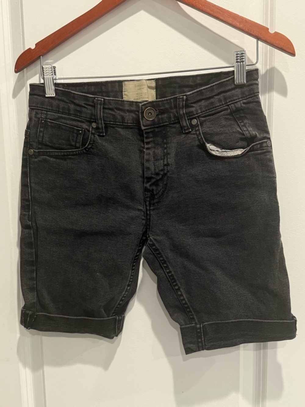 Bershka Washed Black Denim Shorts with Button Front